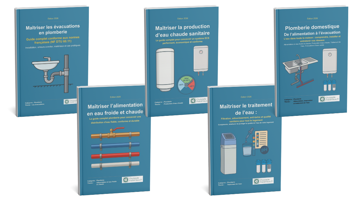 Collection de guides pratiques sur la plomberie domestique : alimentation en eau froide et chaude, évacuations, production d’eau chaude sanitaire et traitement de l’eau