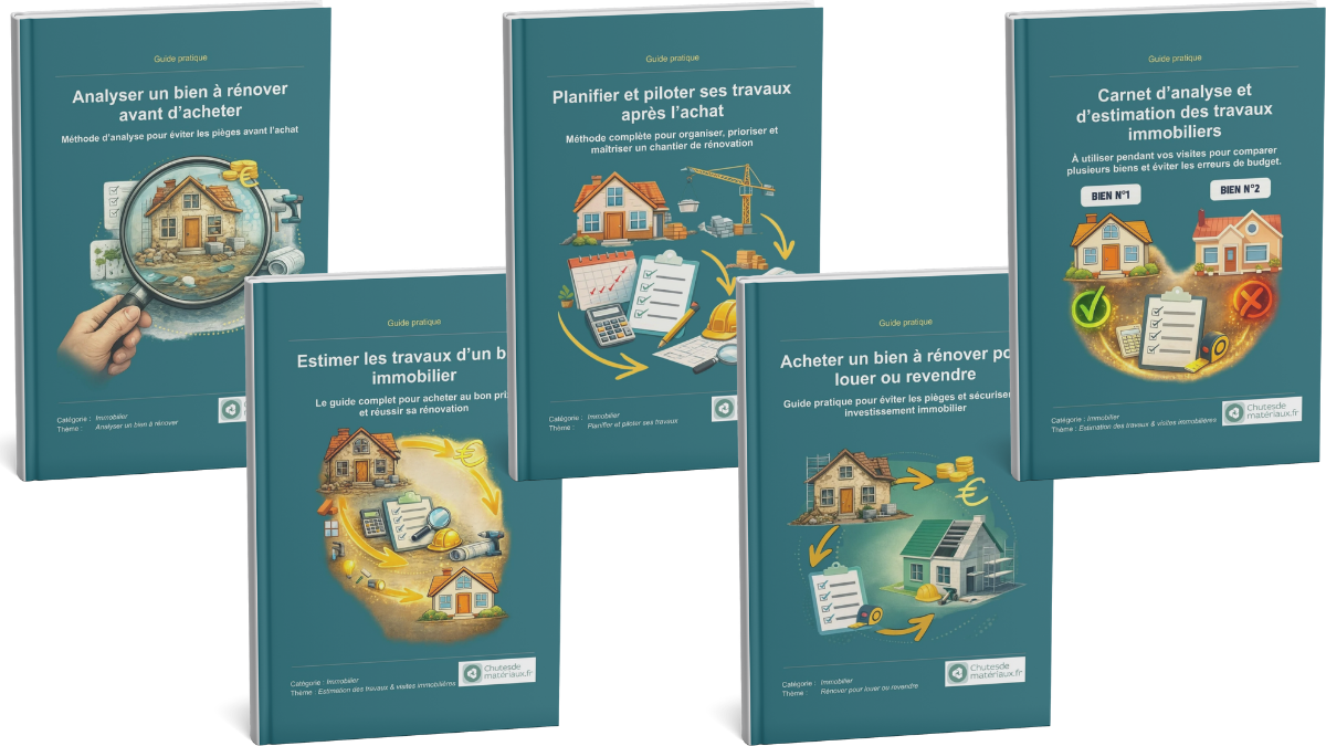 Cinq guides immobiliers pour analyser un bien avant achat, estimer les travaux, planifier la rénovation et investir pour louer ou revendre